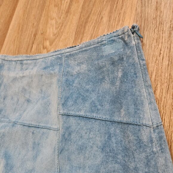 Vtg Y2K Limited Too Suede Skirt Girls 16/Womens 29 Blue Patchwork Western Boho - Picture 3 of 8